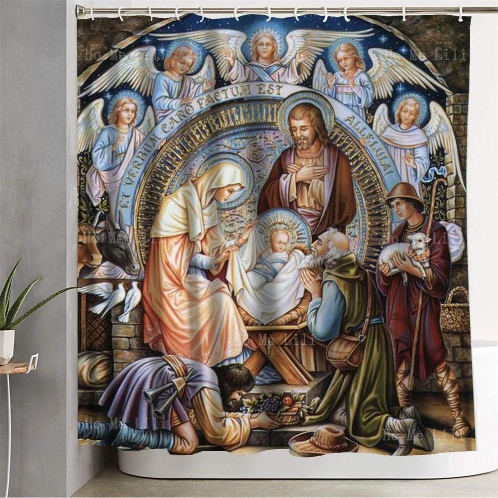 

Різдвяна сцена Діва Марія з Немовлям Ісусом та Мудра Свята Сім я Католицький Принт Різдвяна Шторка для Душу 90X180cm