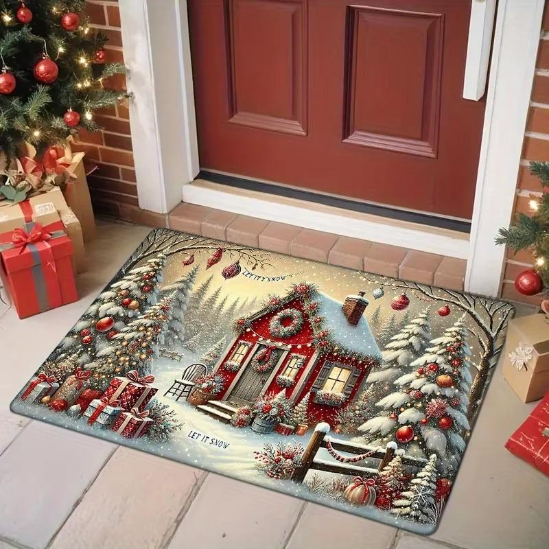 Merry Christmas Door Mat Snowflake Pine Cone Print Floor Mat Winter Xmas Paw Pattern Rug Holiday Entryway Indoor Home Decor