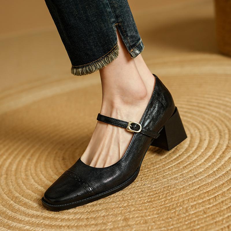 Fashion 2025 New Cow Leather Women Dress Shoes Chunky Heel Retro Mary Janes Shoes Shallow Round Toe Pumps Ankle Strap Ladies Office Shoe