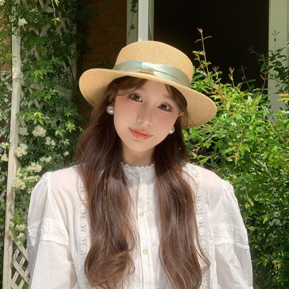 French Style Beach Flat Top Hat Breathable Women's Sun Hat Sunscreen Straw Woven Hat  Outdoor