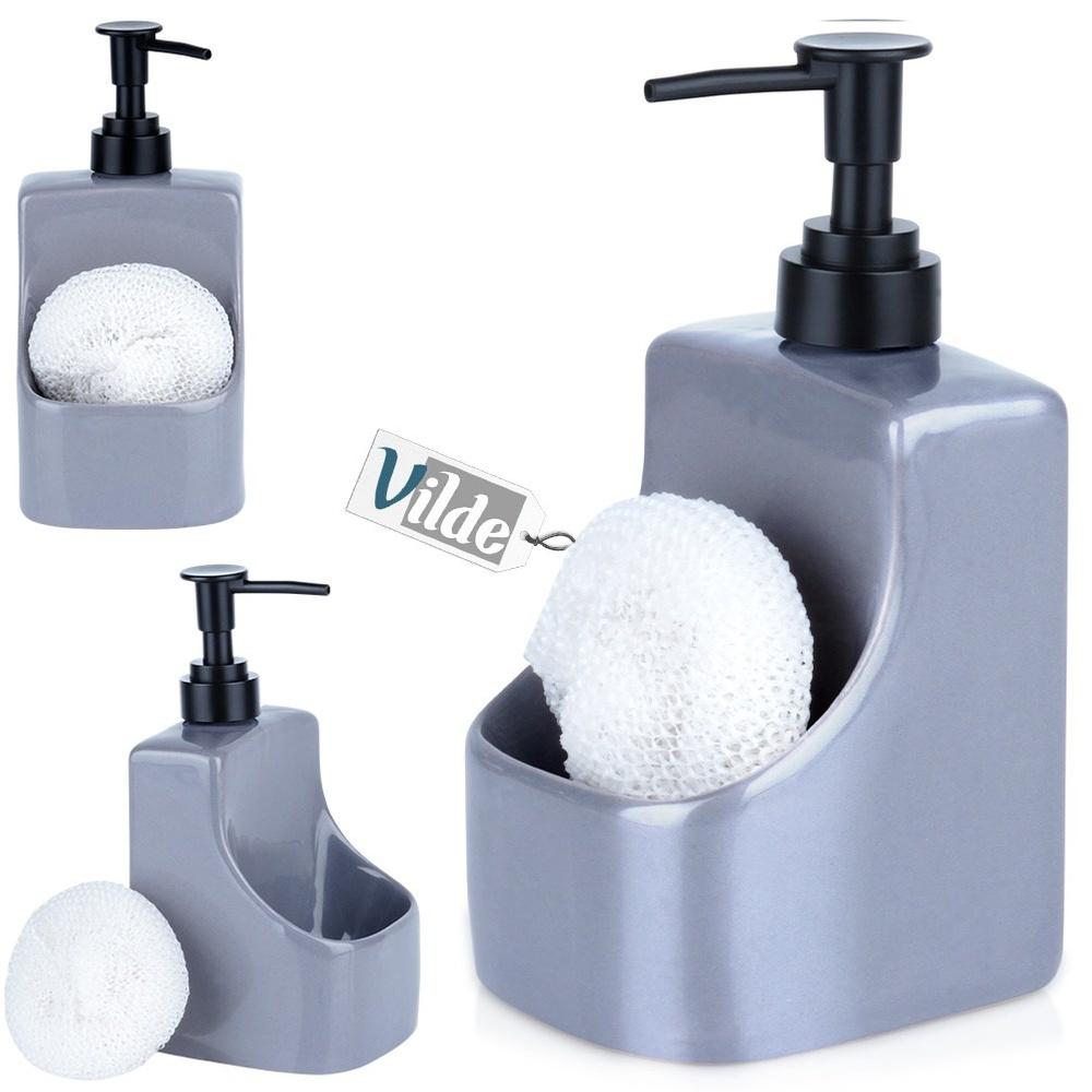 Dishwashing liquid dispenser with sponge container and sponge, ceramic, gray, 400 ml