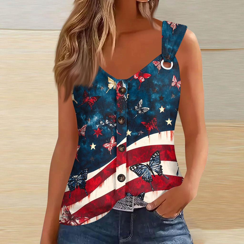 Women's Fashion Casual Loose Sleeveless Buttoned V-Neck Independence Day Printed T-Shirt Top