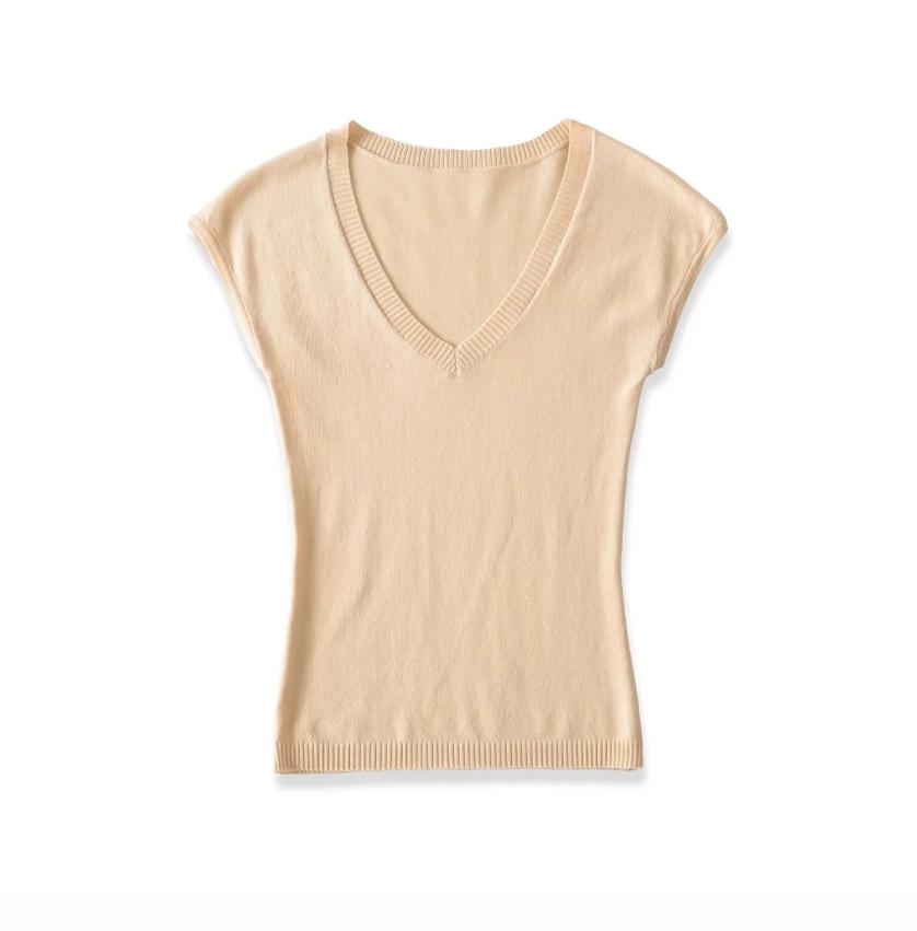V-neck Slim-fit Short-sleeved T-shirt Women's Summer New American Spice Girl Slim-fit Basic Knitted Inner Top