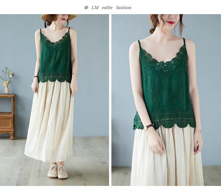 Women's Summer Lace Applique Tank Top – Sleeveless, Sexy, Loose Fit, Cotton with Edged Detailing
