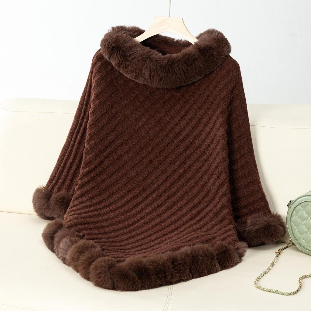 Poncho casual da donna, tinta unita, scialle avvolgente, mantello con bordo in pelliccia sintetica, cappotto invernale senza maniche, maglione caldo da donna, poncho in maglia di lusso