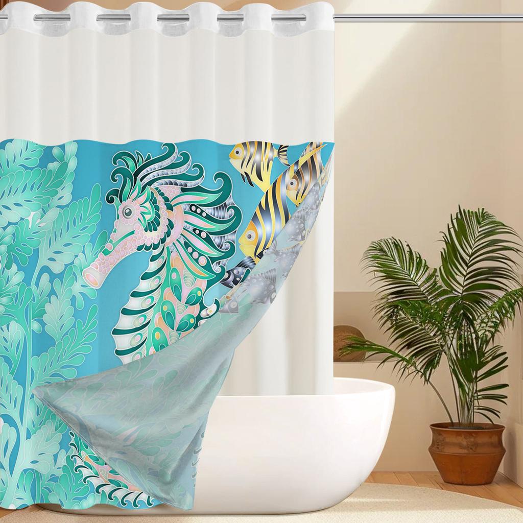 No Hook Hippocampus Pattern Shower Curtain With Snap-in Fabric Liner, Sheer Top Window, Waterproof Double Layer Bathtub Curtain