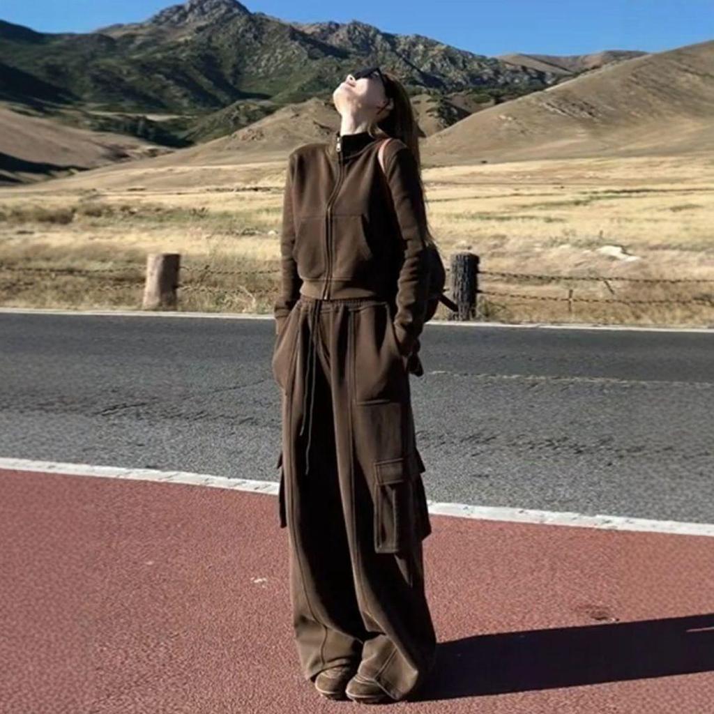 Women's Retro Sportswear Set: Spring Slim Fit Hoodie & Wide Leg Pants Two-Piece Running Outfit