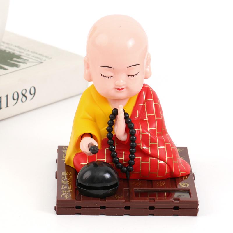 Online Solar-Powered Wooden Little Monk Car Figurine - Buddha Decoration