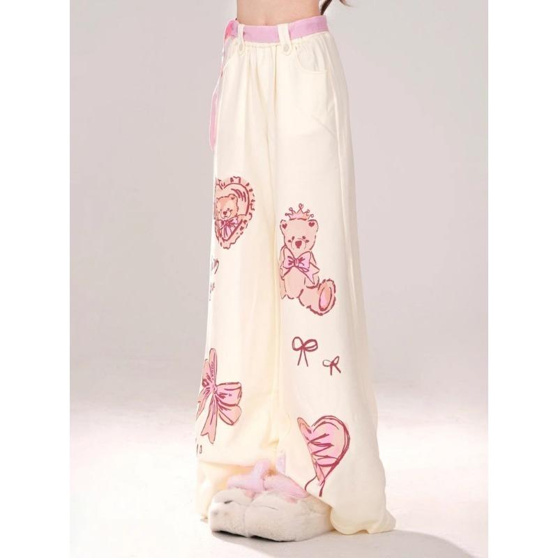 

Хикигава шикарные модные женские летние кавайные повседневные прямые брюки с принтом медведя, винтажные свободные широкие брюки с героями мультфильмов Mujer S абрикосовый