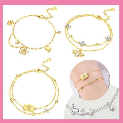 Kupferarmband, Original, niedliche Katze, kleine Blume, Glühwürmchen, doppellagig, geeignet für DIY-Charms, Geburtstagsgeschenk