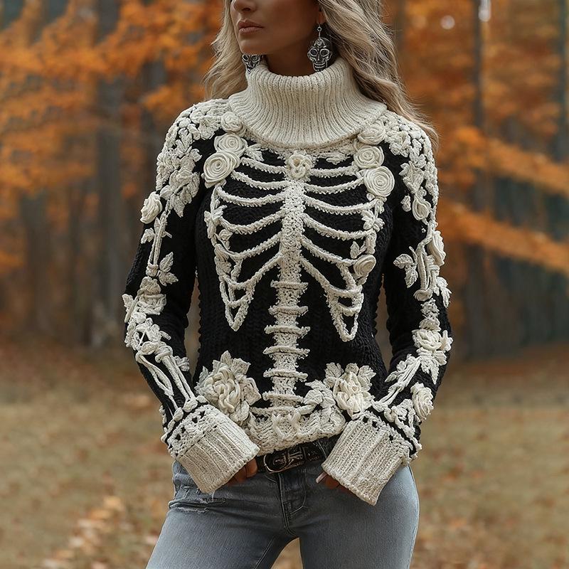 2025 Women's High Neck Jacquard Knit Sweater - Chunky European & American Style Pullover