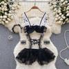 Sheer Lace Erotic Bodysuits Sensual Hollow Out Maid Uniform Sheath Rompers Fashion Ruffles Sexy Lingerie Playsuits