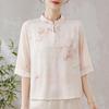 Elegant 2026 Summer Chinese Style Imitation Silk T-shirt with Gauze Sleeves for Middle-aged and Elderly Women