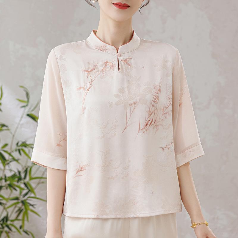 Elegant 2026 Summer Chinese Style Imitation Silk T-shirt with Gauze Sleeves for Middle-aged and Elderly Women