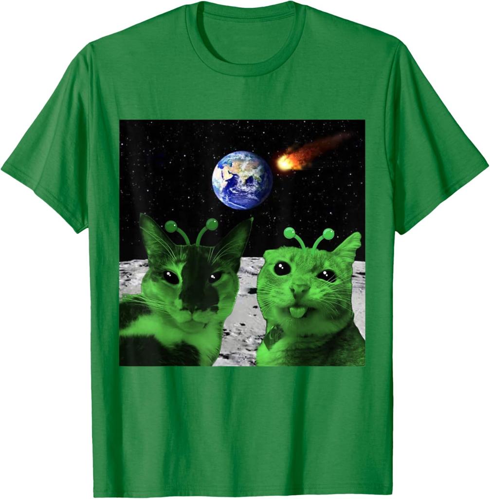 Alien Cats Moon Meteor Earth Invasion Graphic Tee Men's Casual Cotton T-Shirt