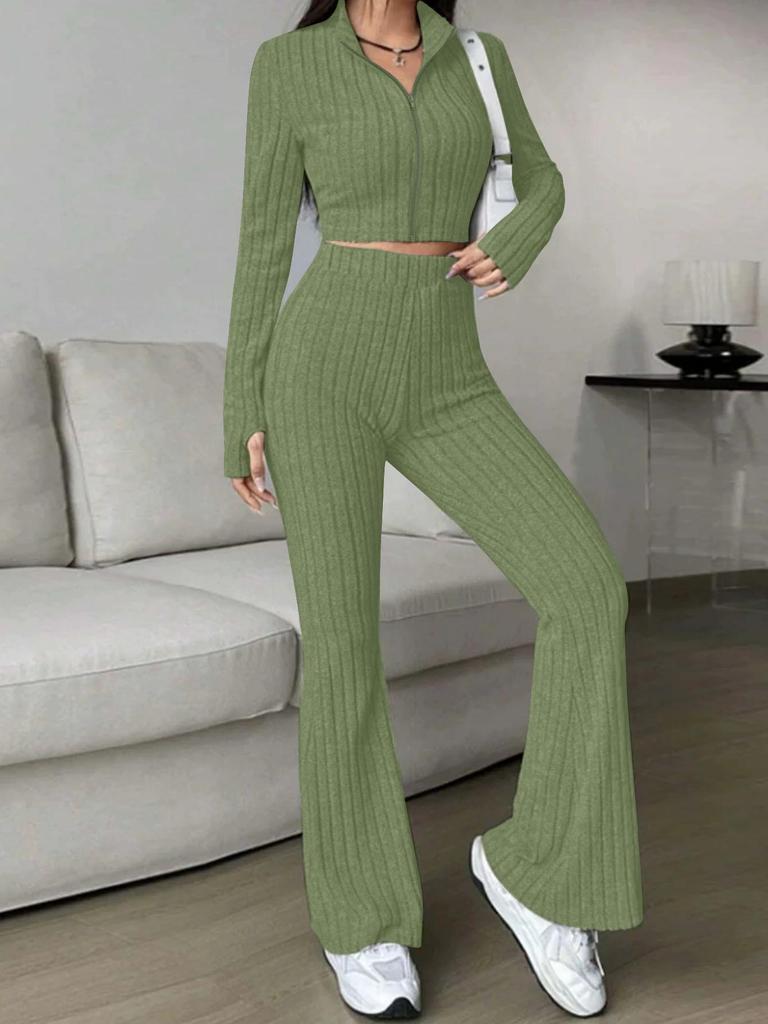 Autumn/Winter Solid Ribbed Two-Piece Set: Zipper Cardigan & High-Waisted Flared Pants for Women
