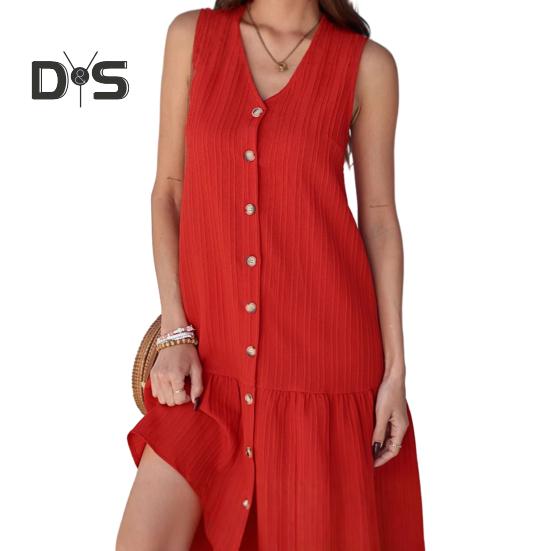 Summer Dress V-Neck Sleeveless Single-Breasted Solid Color Mini Dress Solid Color Loose Fit Women Dress