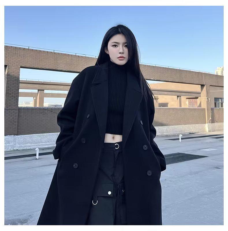 Herren Mittellanger Schwarzer Wollmantel - Verdickter Koreanischer Trenchcoat für Herbst und Winter