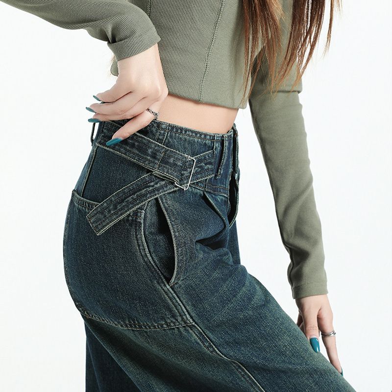 Waist Buckle Design Wide-leg Jeans for Women In Spring and Autumn Straight New Style Loose Slim Retro High-waist Floor Trousers