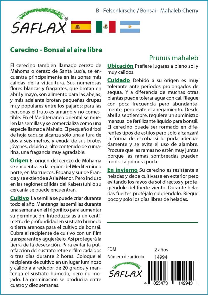 SAFLAX Garden In the Bag - Bonsai - Mahaleb Cherry - 30 Seeds - With Substrate In a Fitting Stand Up Bag - Prunus Mahaleb