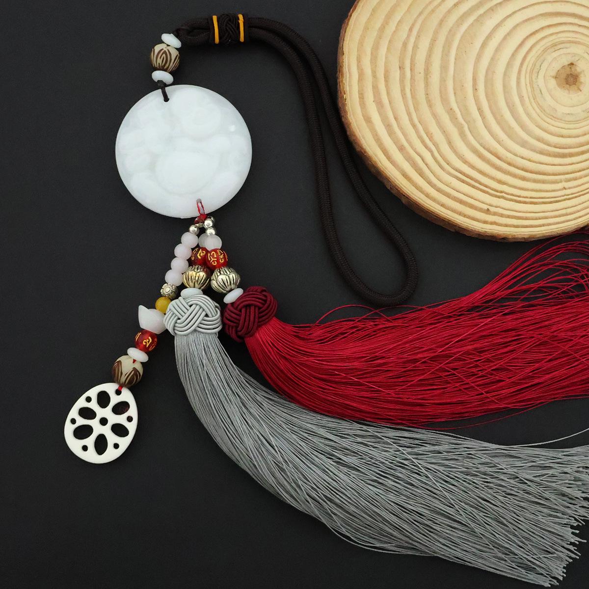 

White Jade Lotus Car Pendant with Double Tassel - Safe Travels Rearview Mirror Ornament Single Ornament