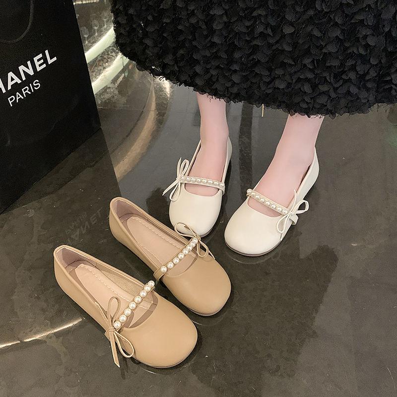 Wearing trendy fairy one pedal flat-soled beanie shoes peak spring and autumn Mary Jane shoes female pearl shallow mouth