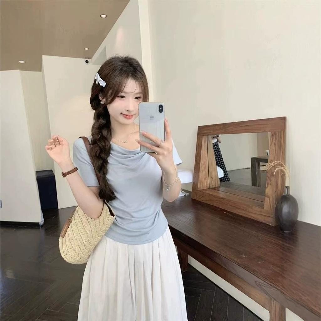 Summer Slim-fit Short Off-shoulder T-shirt Women's Design Sense Slim-fit and Thin Niche Short-sleeved Chic T-shirt Top