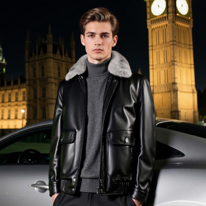 Futing Men's Lambskin Goose Down Leather Jacket with Mink Fur Collar
