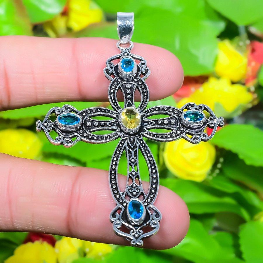 Cross- Swiss Blue Topaz, Citrine Gemstone 925 Sterling Silver Pendant 2.68" N0M48