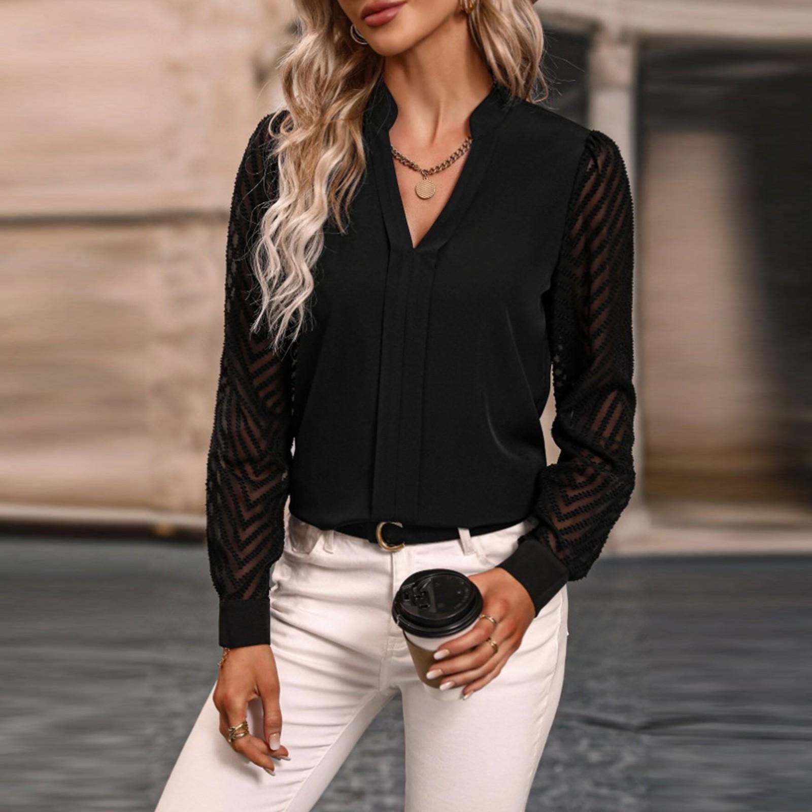 

Women s Casual Fashion Patchwork Chiffon Long Sleeve Solid Color Shirt L чорний