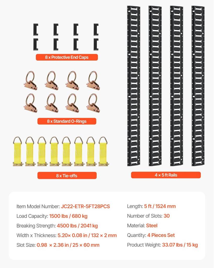 Kit de rail d'arrimage E Track, Ensemble de 30 pièces de 5 pieds de rails E comprenant 4 rails en acier et 2 fentes simples et 8 anneaux en O et 8 sangles d'arrimage avec anneau en D et 8 embouts, Sécurisation
