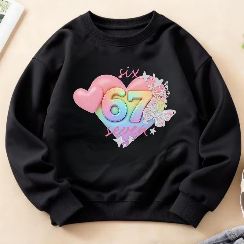 Kids Crewneck Sweatshirt, Fun Birthday Graphic with Rainbow Hearts & Number 67 Print Long Sleeve Top