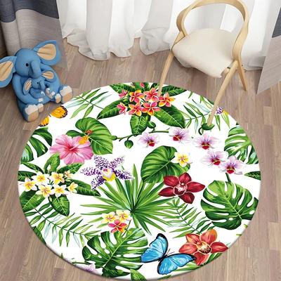Hawaiian Tropical Leaves Round Carpet Living Room Chair Floor Mat Non-Slip Area Rug for Balcony Table Bedside Sofa Home Decor