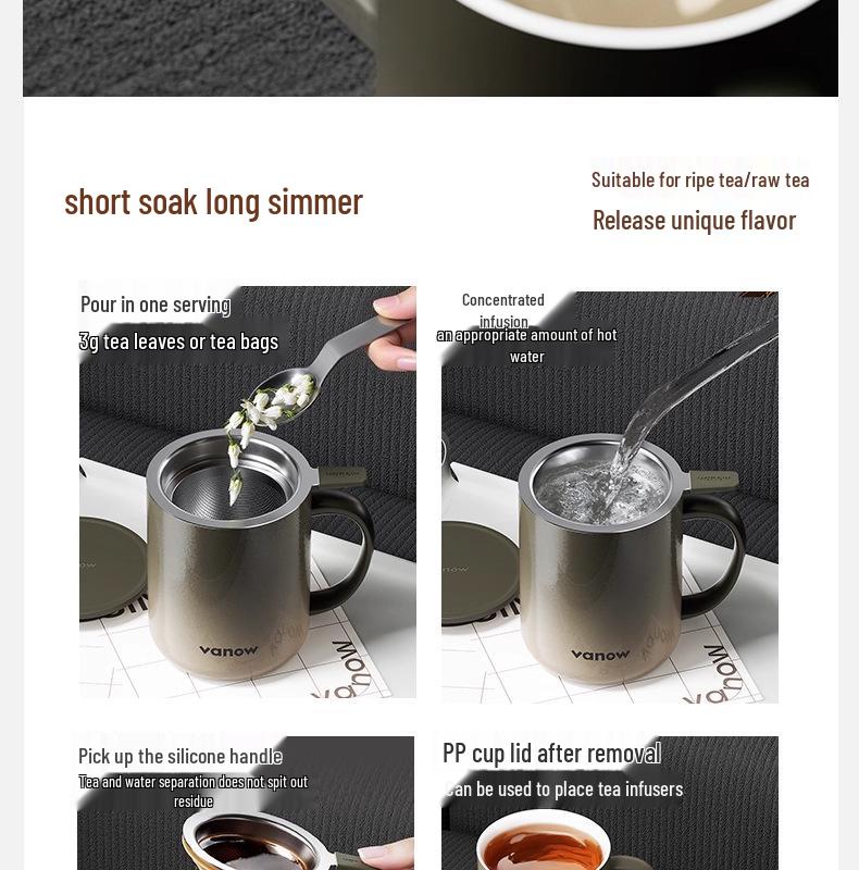 Vanow Insulated Mug with Lid: Stainless Steel Tea Infuser and Water Separation for Men and Women