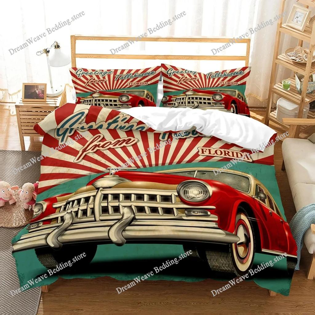 New York Statue of Liberty Duvet Cover KingQueen Size Retro Car Nostalgic 50s Polyester Bedding Set,Vintage Car Quilt Cover9639