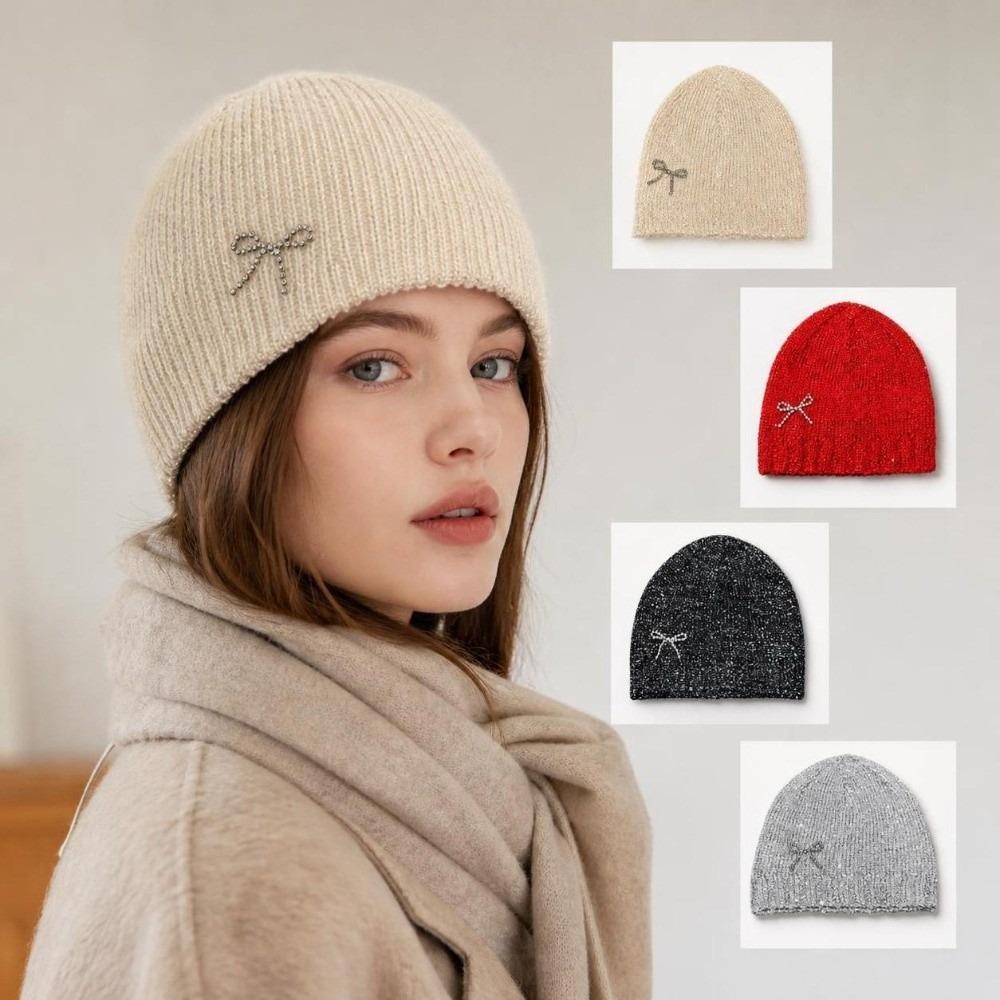 Rhinestone Bow Decor Skull Cap Hat Lightweight Warm Lining Sparkly Beanie Hat  Daily Wear