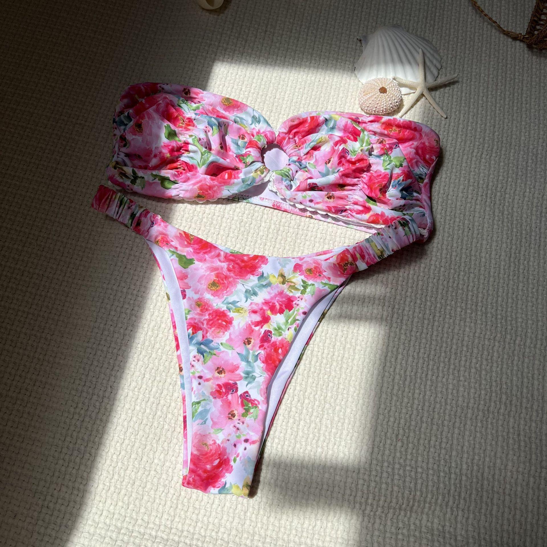European and American sexy floral lace tube top split swimsuit bikini bikini foreign trade S