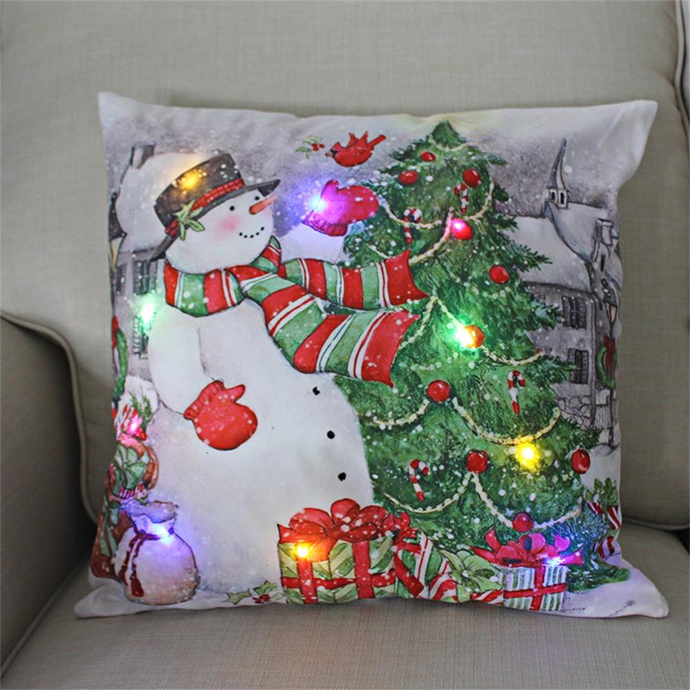 LED Light Christmas Cushion Cover Short Plush Elk Throw Pillow Case for Sofa Luminous Santa Clause Printed Pillowcase Home Decor