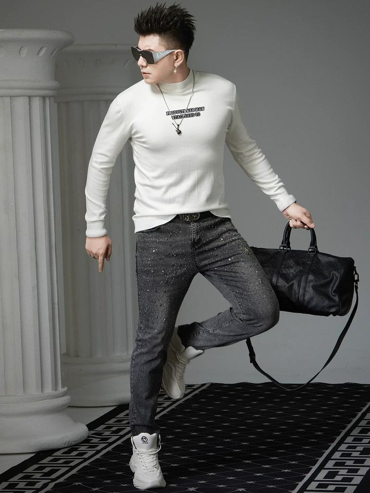 Ozhouzhan Long Sleeve Sweater Men's 2025 New Half-high Collar Sweater Autumn Trendy Print Knitted Bottoming Shirt