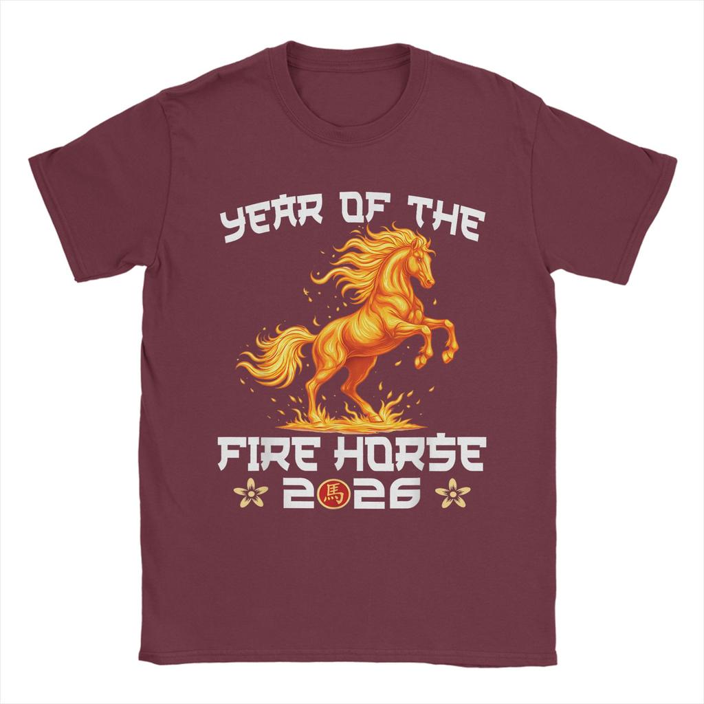 Mens TShirt Year of The Fire Horse New Year 2026 Zodiac Horse Pure Cotton Tees Short Sleeve  T Shirts O Neck Tops Unique