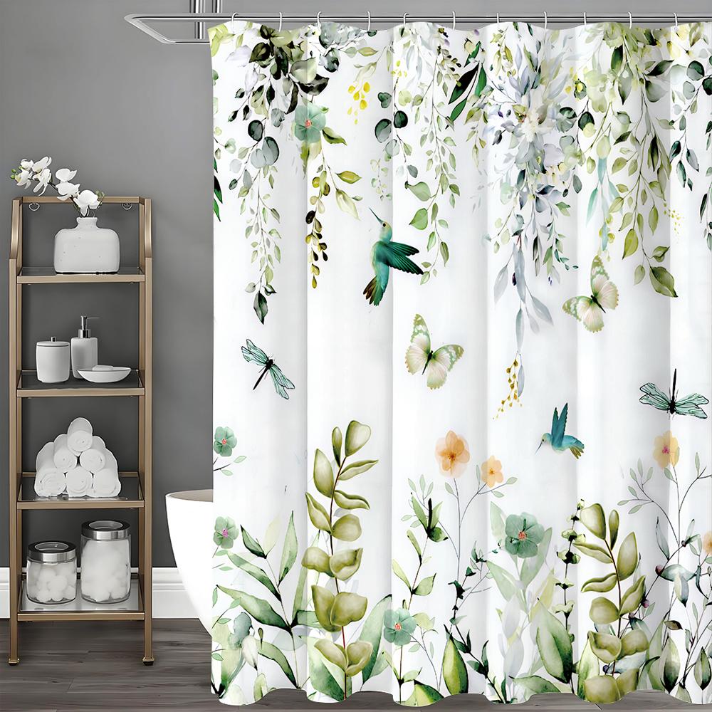 Green Leaf Shower Curtain Spring Botanical Floral Leaves Farm Animals Wildlife Butterflies and Hummingbirds Dragonflies Rustic N