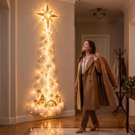 Sıcak Atmosfer Işıkları Noel Büyüsü İz Duvar Lambası, Tren Ağaç Yıldız LED Akışlı Tatil Dekorasyonu Beyaz Işıltı ile, Yaşam Alanı İçin Su Geçirmez