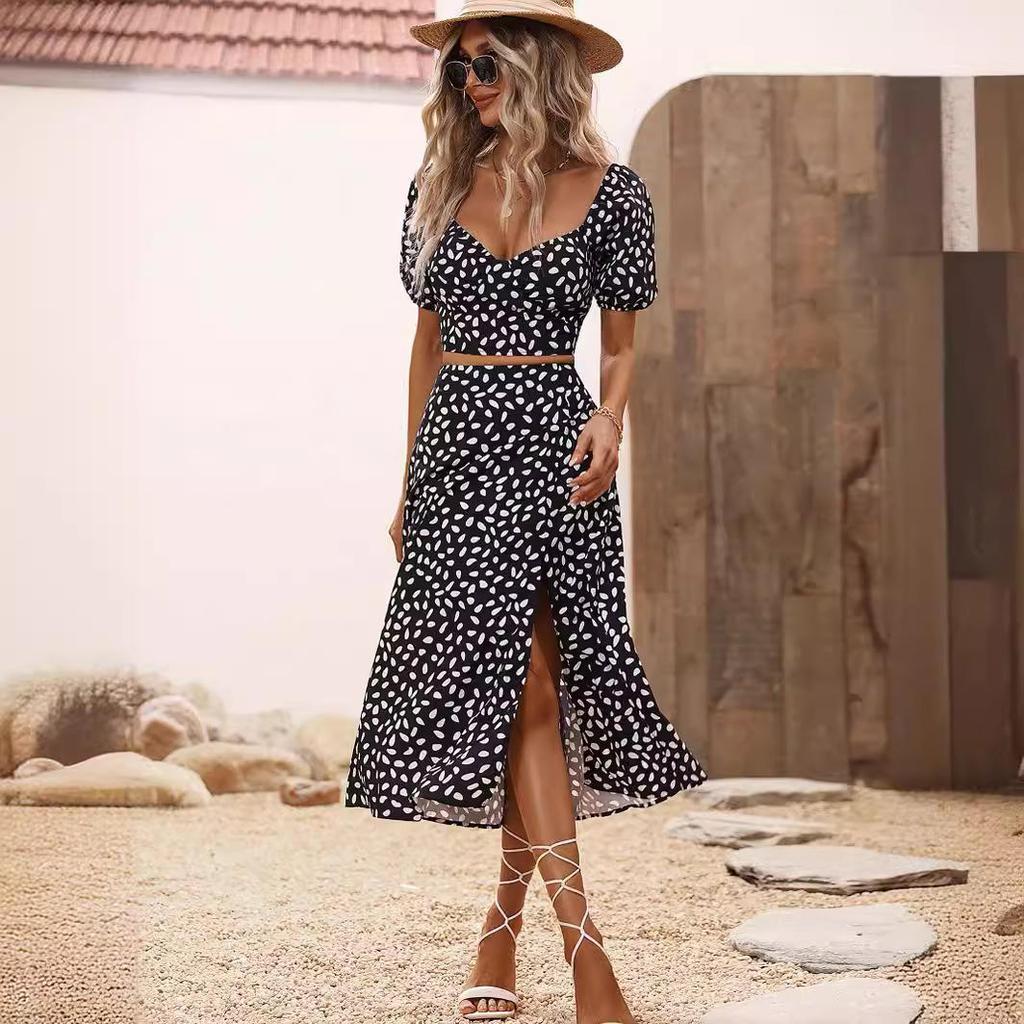Damen Sommerkleid mit Print, zweiteilig, schmal, für den Urlaub, elegant, A-Linie, langes Kleid