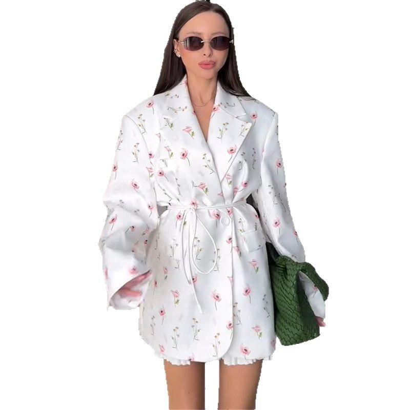 Women's Summer New Fashion Printed Loose Suit Collar Tie Waist Fitted Suit Jacket