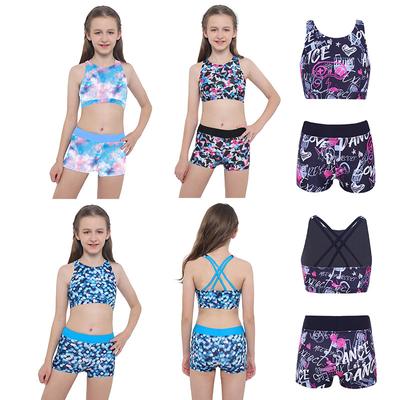 Kids Girls Printed Tankini Swimsuit Two Pieces Sleeveless Crisscross Strap Top with Shorts Set