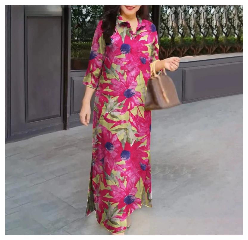 

Женское летнее длинное платье с отложным воротником и рукавом 3/4, платье макси, повседневное платье с принтом 5XL темно-розовый