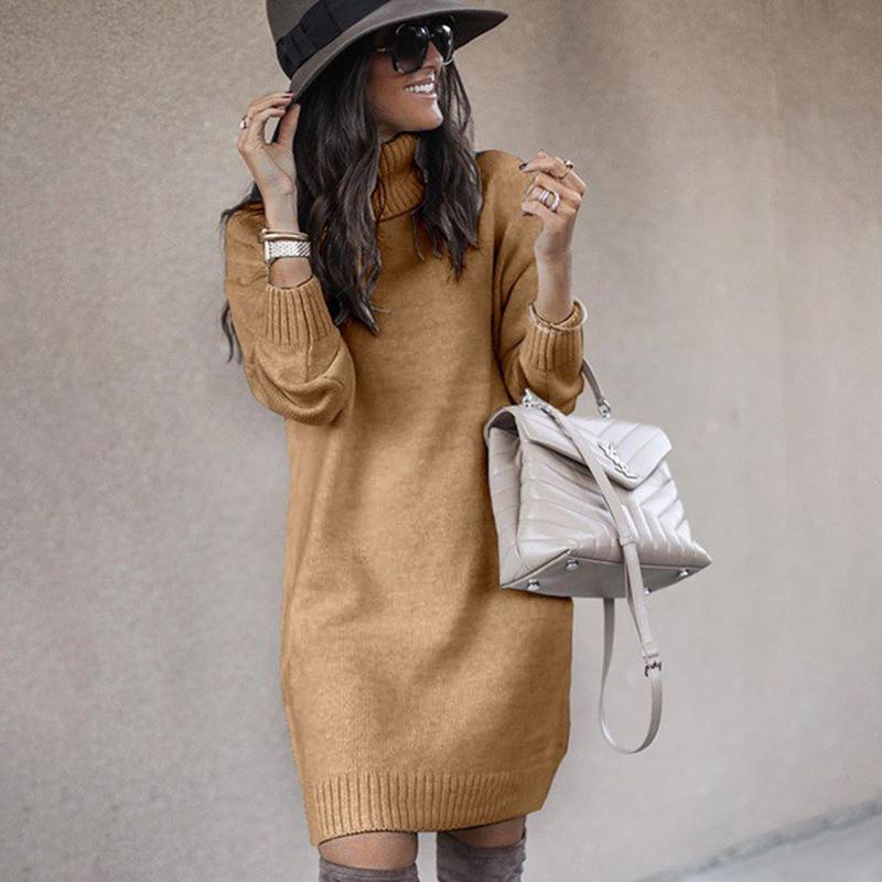 Women's Mid-length Knit Top Solid Color Turtleneck Sweater