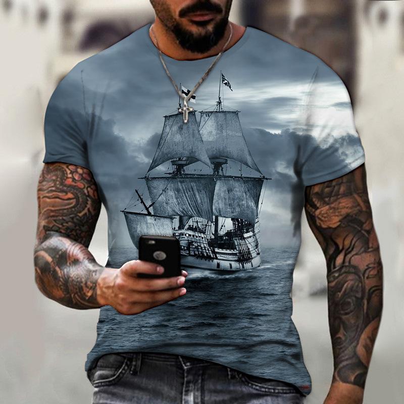 Vintage T-Shirts Men Spring Clothing Boat Graphic Apparel Streetwear Men's Clothing Casual Short Sleeve Tops For Male Shirt Tees