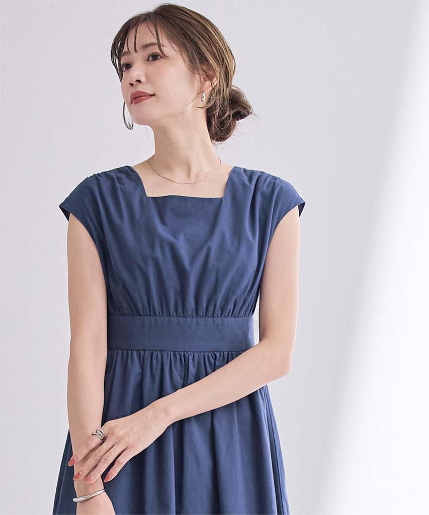 Dein Quadratischer Ausschnitt Französischer Ärmel Kleid BFXU1847 Klein Marineblau Hohe Taille Damen