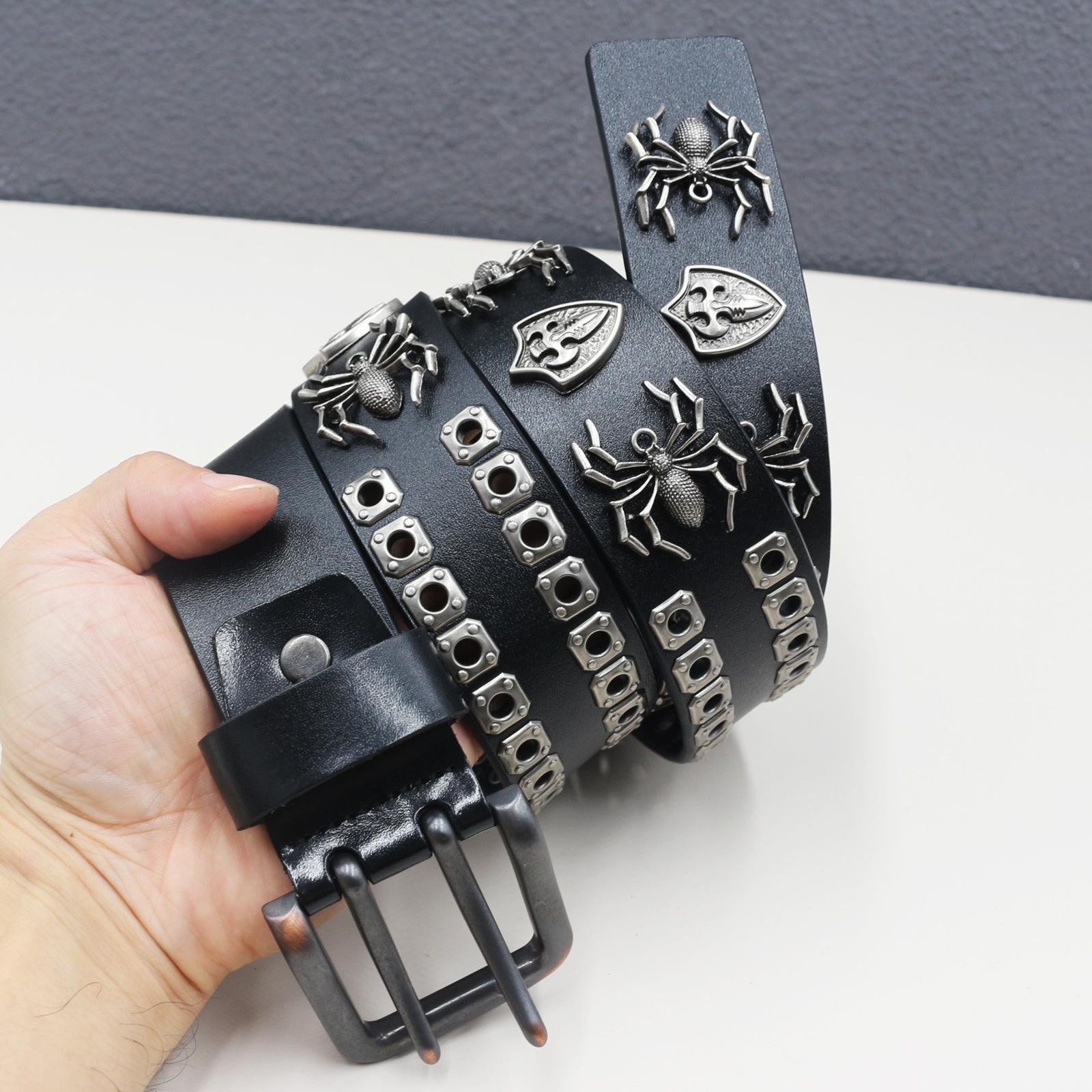 Writing A Notebook Women's Genuine Leather Double-Needle Spider Accessories Personalized Hollow Rivet Cowhide Belt Western American Rivet Belt 105Cm